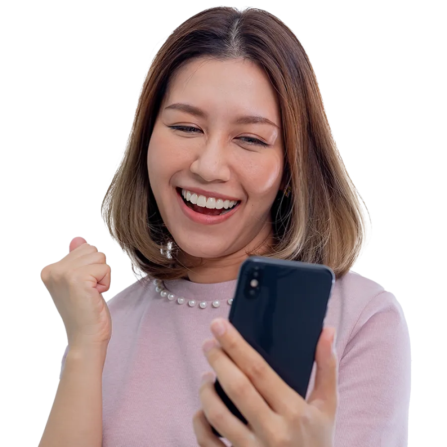 woman holding phone and smiling